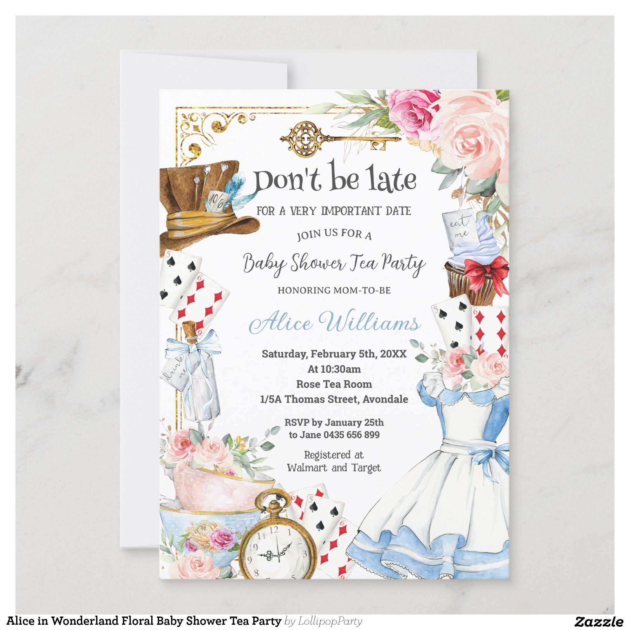 Alice in Wonderland Floral Baby Shower Tea Party Invitation