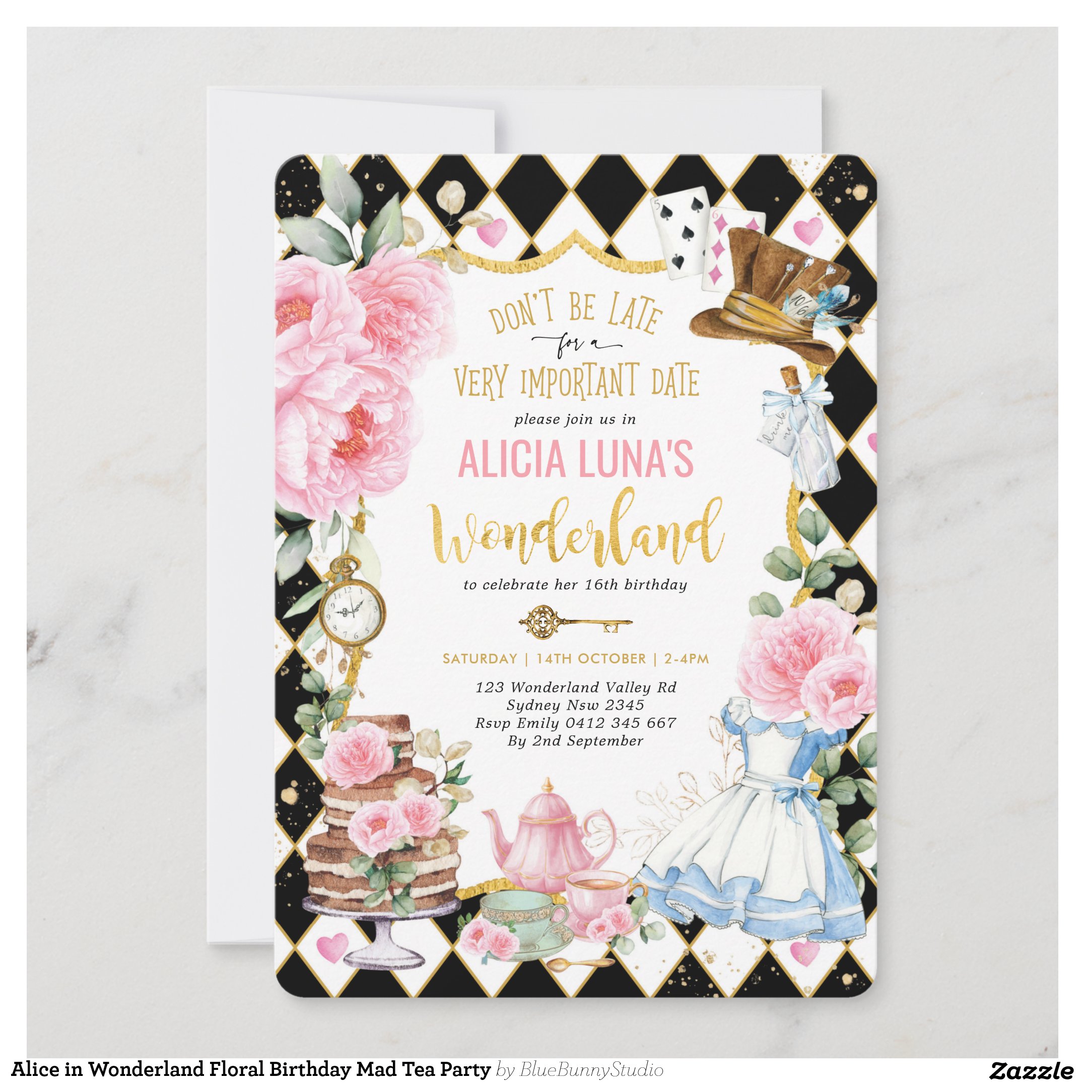 Alice in Wonderland Floral Birthday Mad Tea Party Invitation