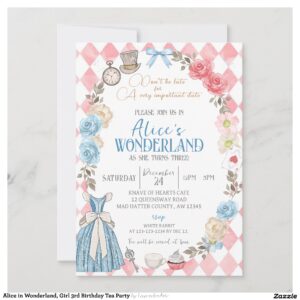Alice in Wonderland, Girl 3rd Birthday Tea Party Invitation