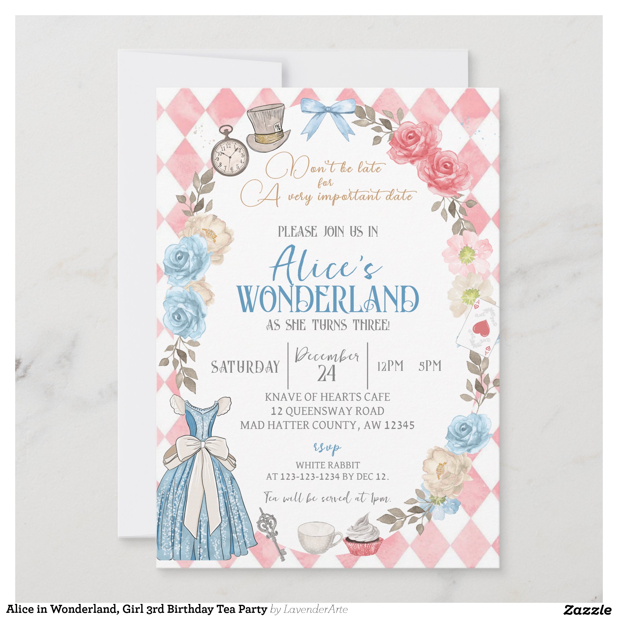 Alice in Wonderland, Girl 3rd Birthday Tea Party Invitation