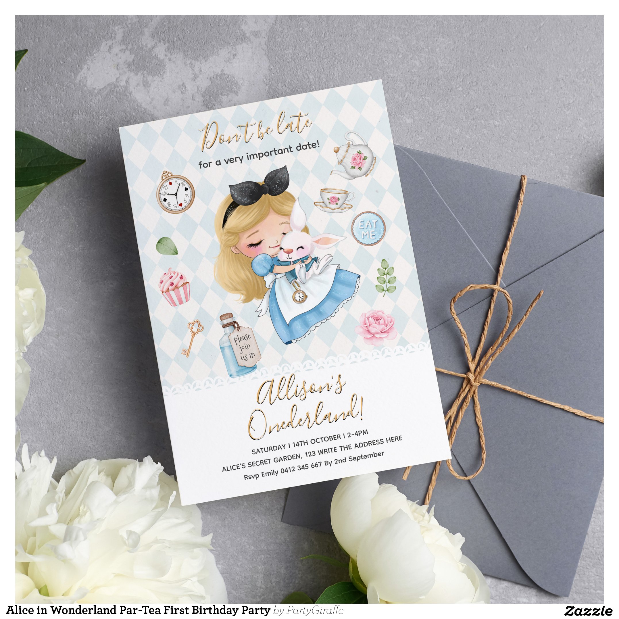 Alice in Wonderland Par-Tea First Birthday Party Invitation