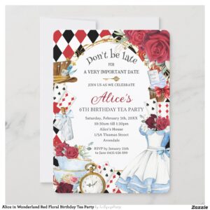 Alice in Wonderland Red Floral Birthday Tea Party Invitation