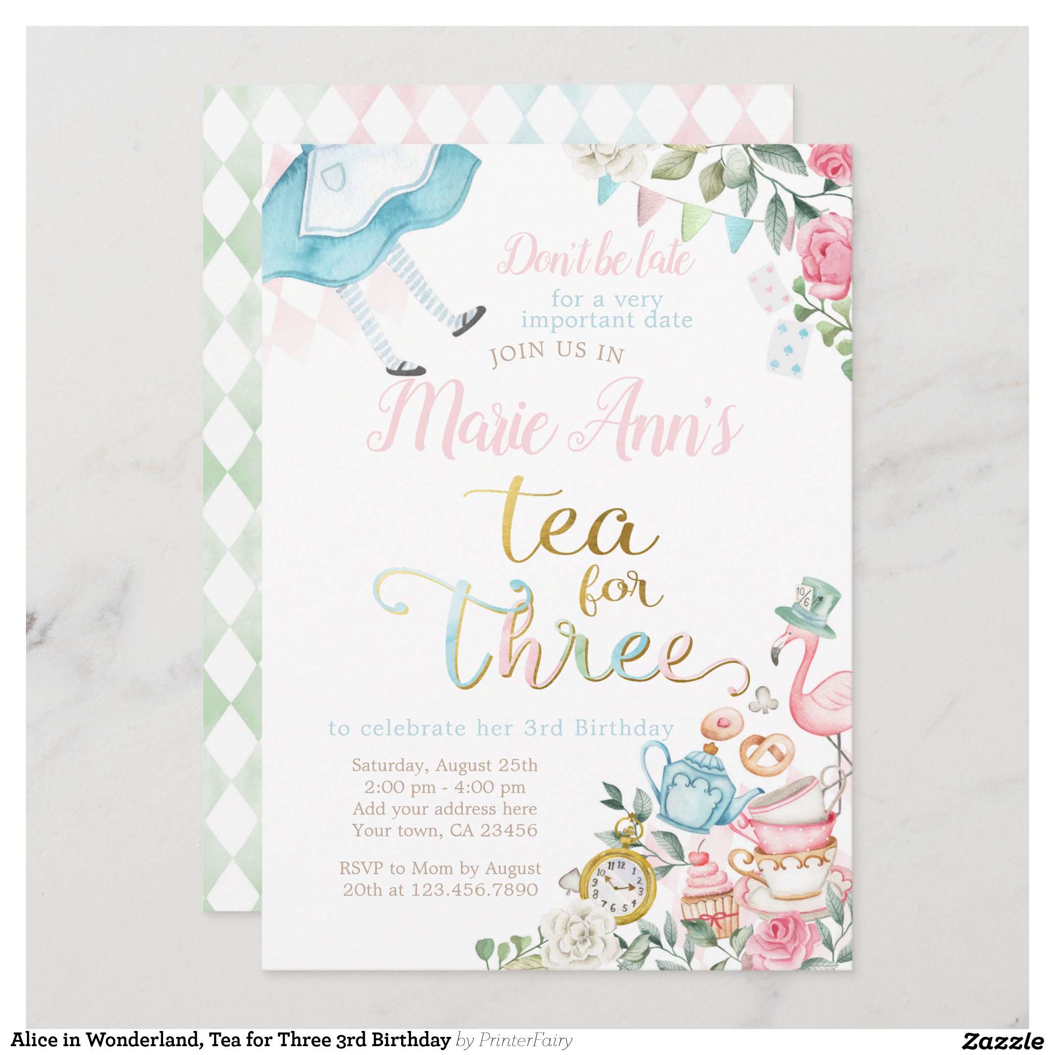 Alice in Wonderland, Tea for Three 3rd Birthday Invitation