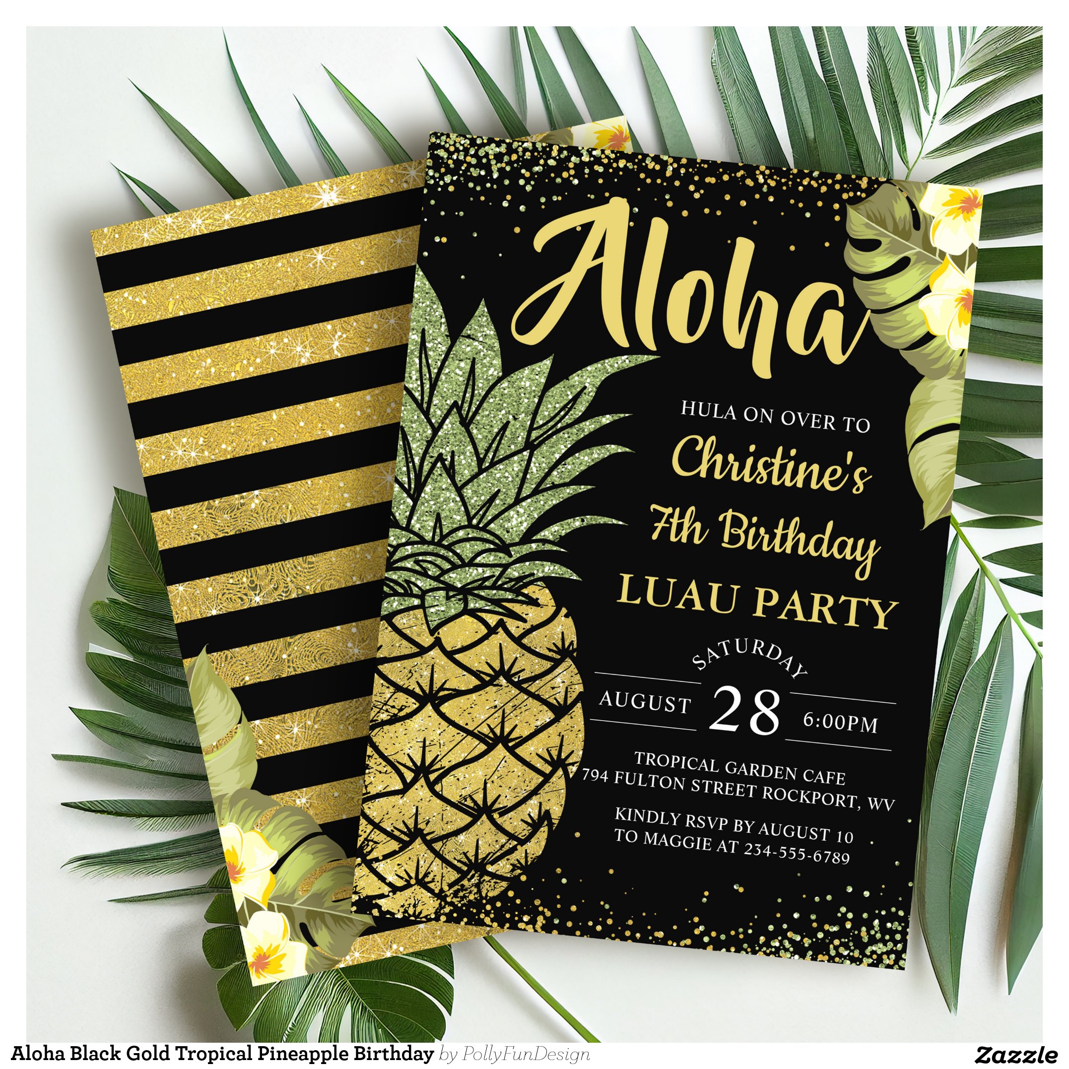 Aloha Black Gold Tropical Pineapple Birthday Invitation