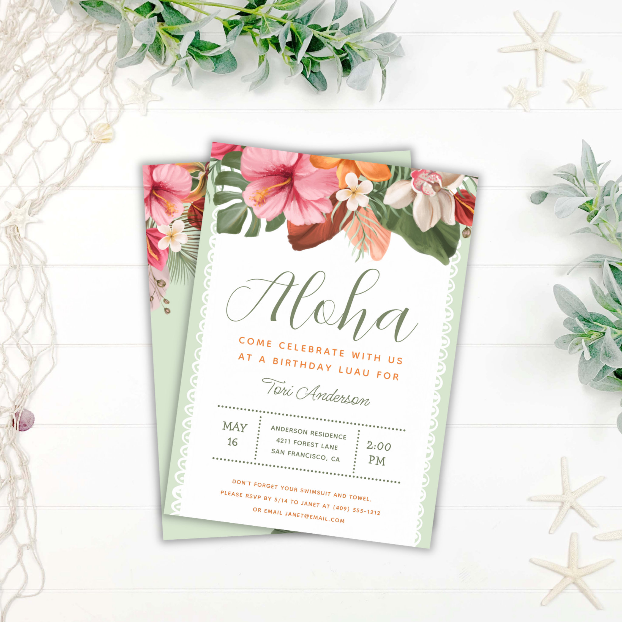 Aloha Luau Tropical Chic Birthday Invitation