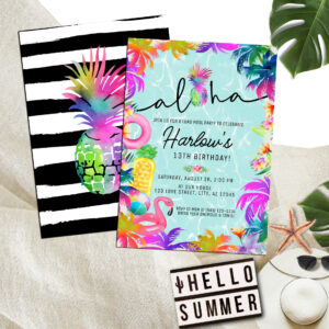 Aloha Neon Tropical Luau Pool Party Birthday Invitation