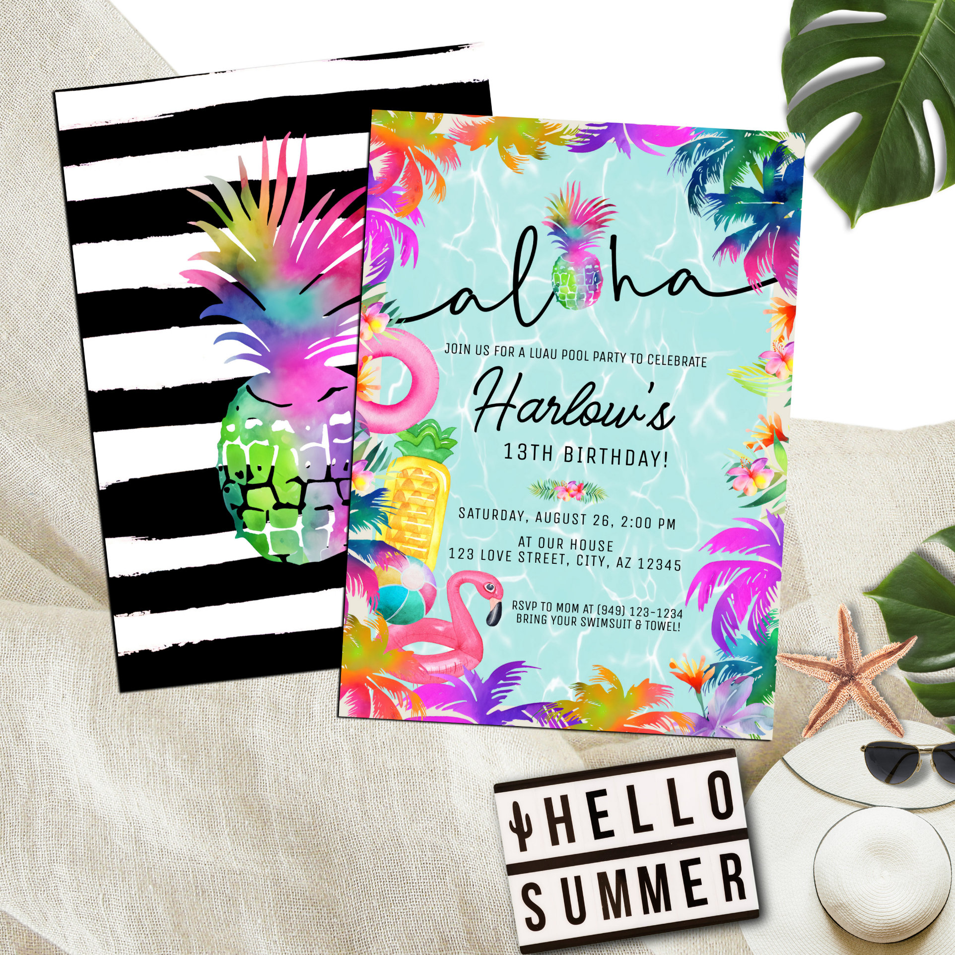 Aloha Neon Tropical Luau Pool Party Birthday Invitation
