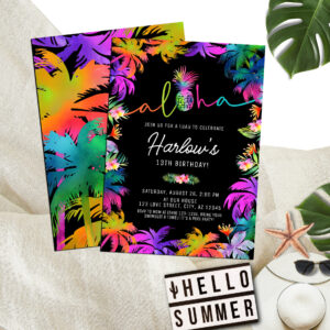 Aloha Neon Tropical Luau Summer Fun Birthday Invitation