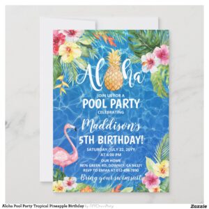 Aloha Pool Party Tropical Pineapple Birthday Invitation