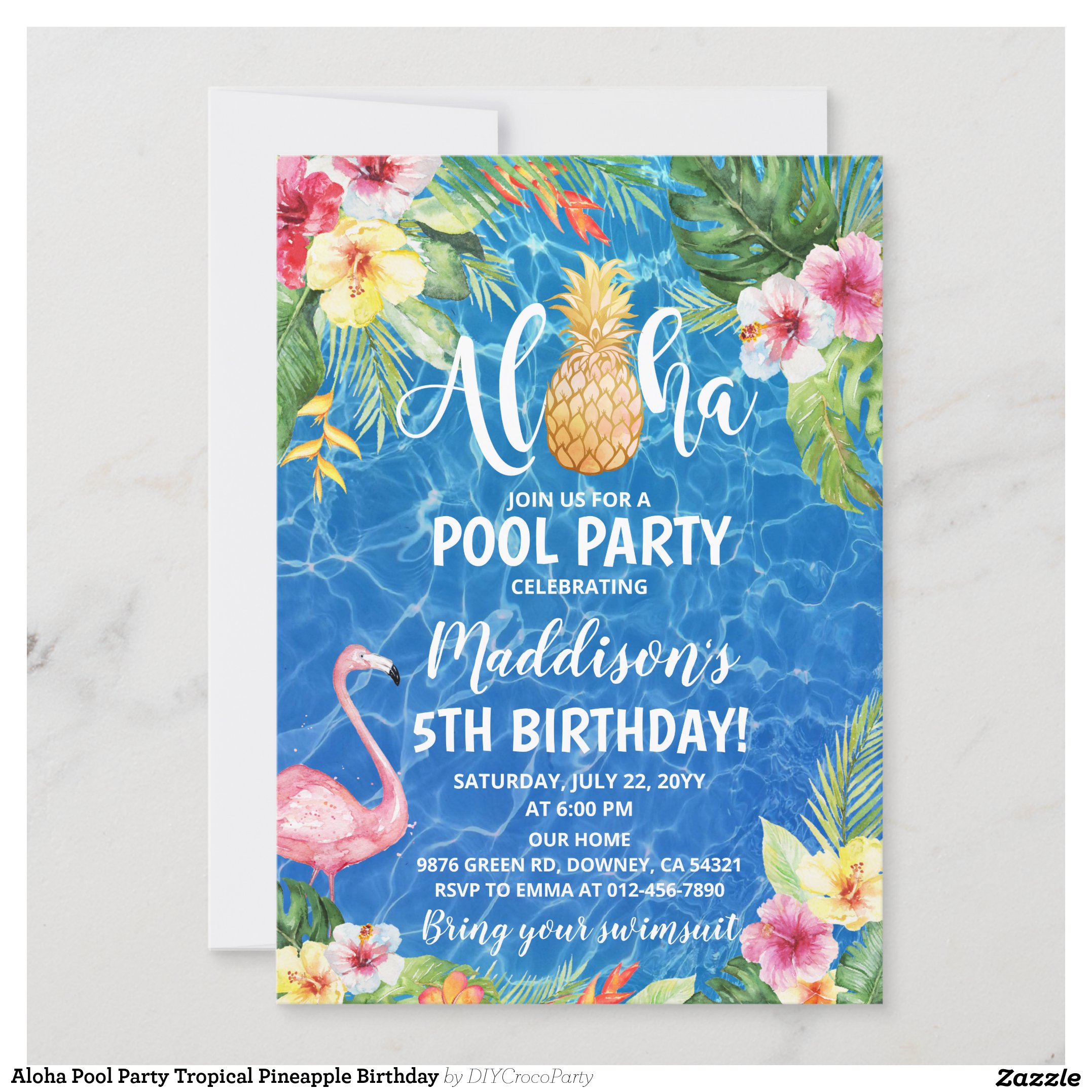 Aloha Pool Party Tropical Pineapple Birthday Invitation