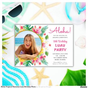 Aloha Tropical Hawaiian Luau Birthday Photo Invitation