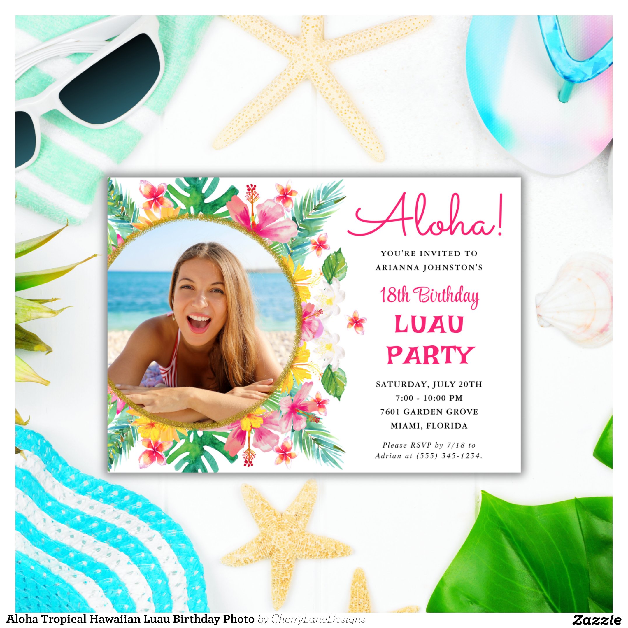 Aloha Tropical Hawaiian Luau Birthday Photo Invitation