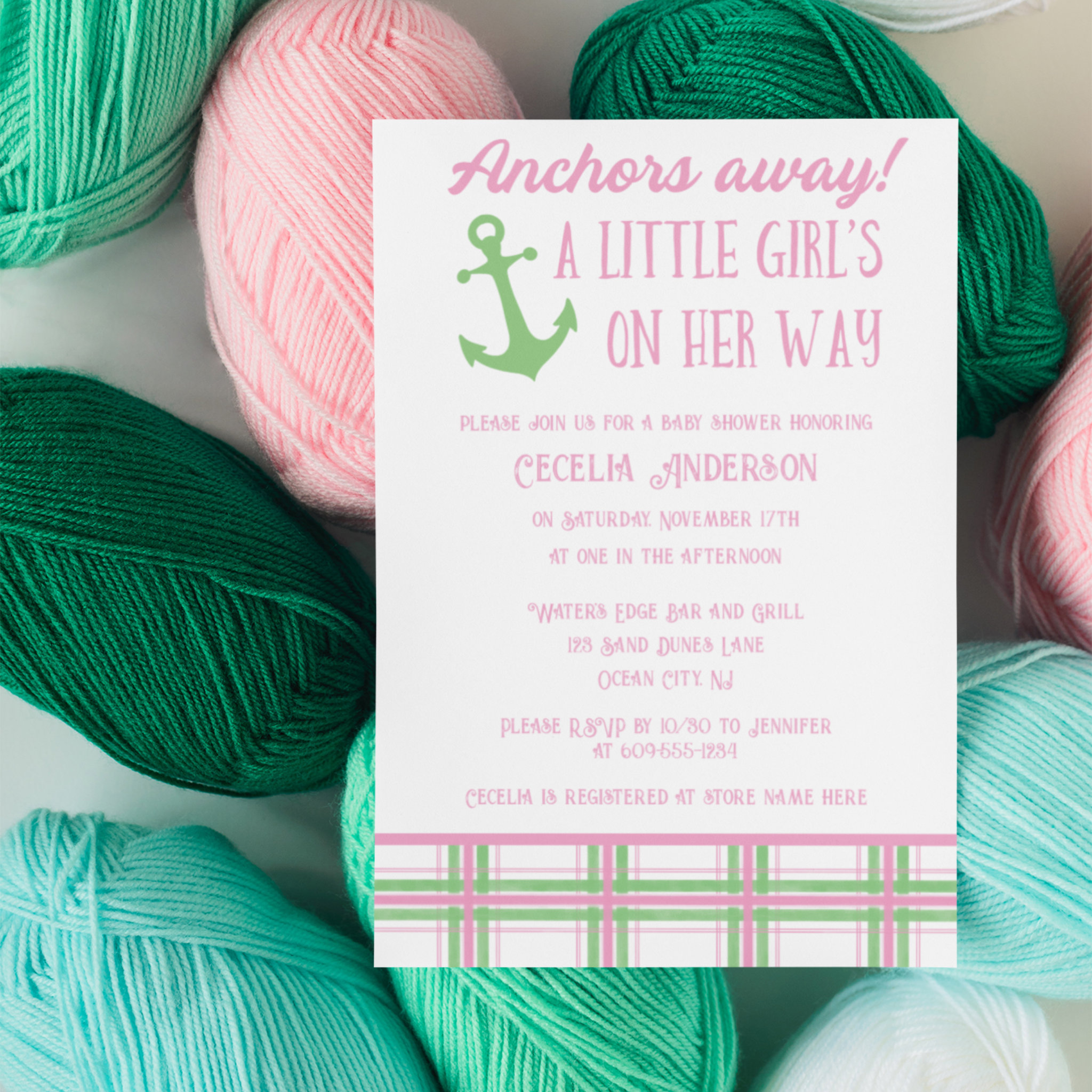 Anchors Away Girl Nautical Baby Shower Invitation