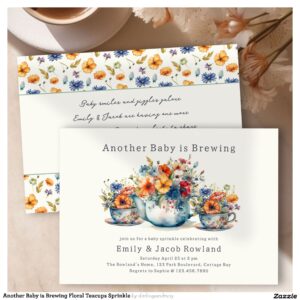 Another Baby is Brewing Floral Teacups Sprinkle Invitation