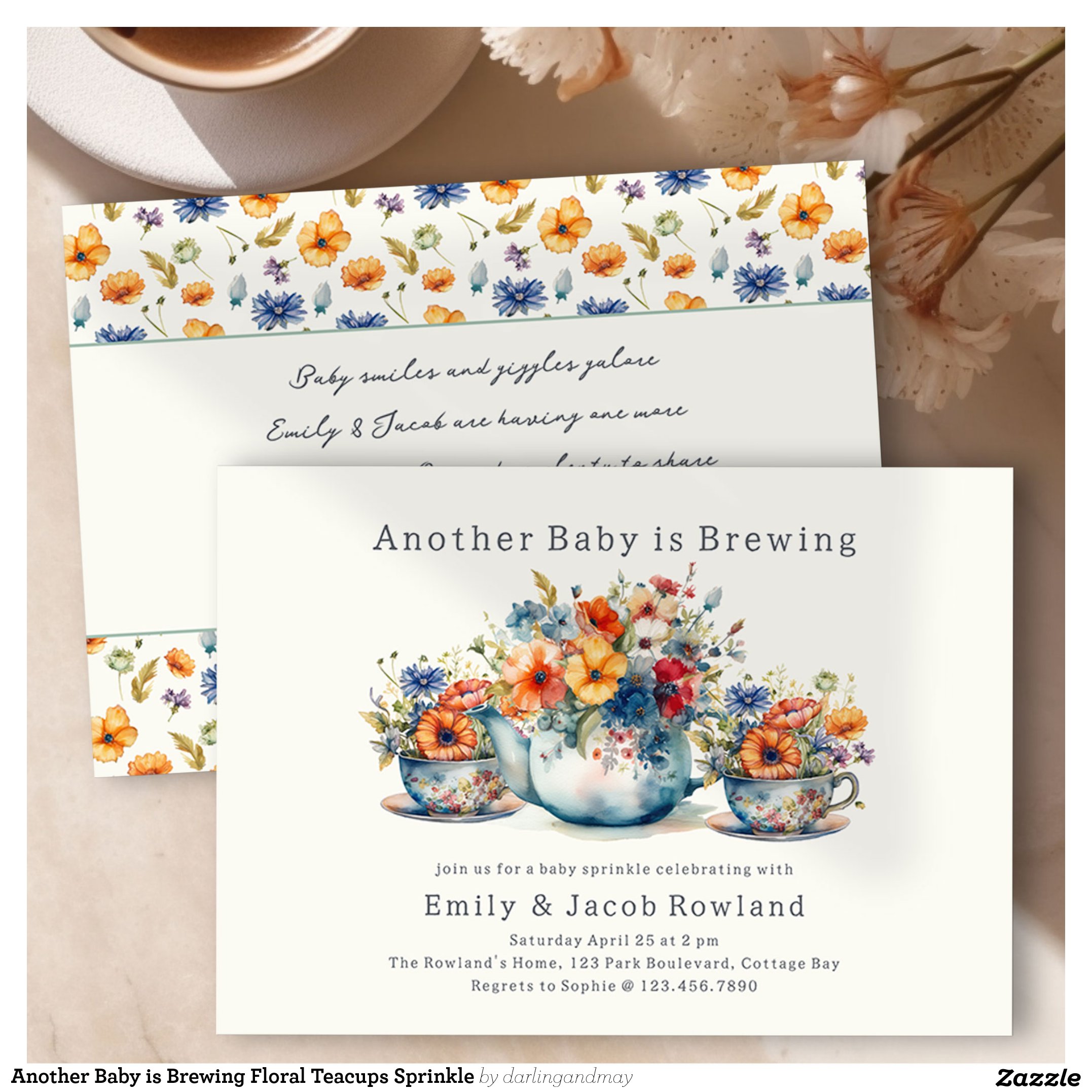 Another Baby is Brewing Floral Teacups Sprinkle Invitation