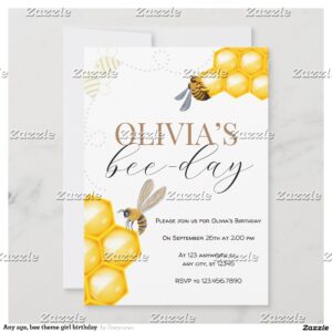 Any age, bee theme girl birthday invitation