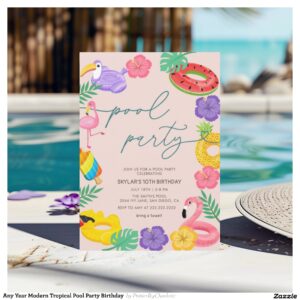 Any Year Modern Tropical Pool Party Birthday Invitation