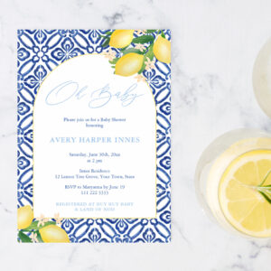 Arch Shape Blue Tiles Lemons Baby Shower For Boy Invitation