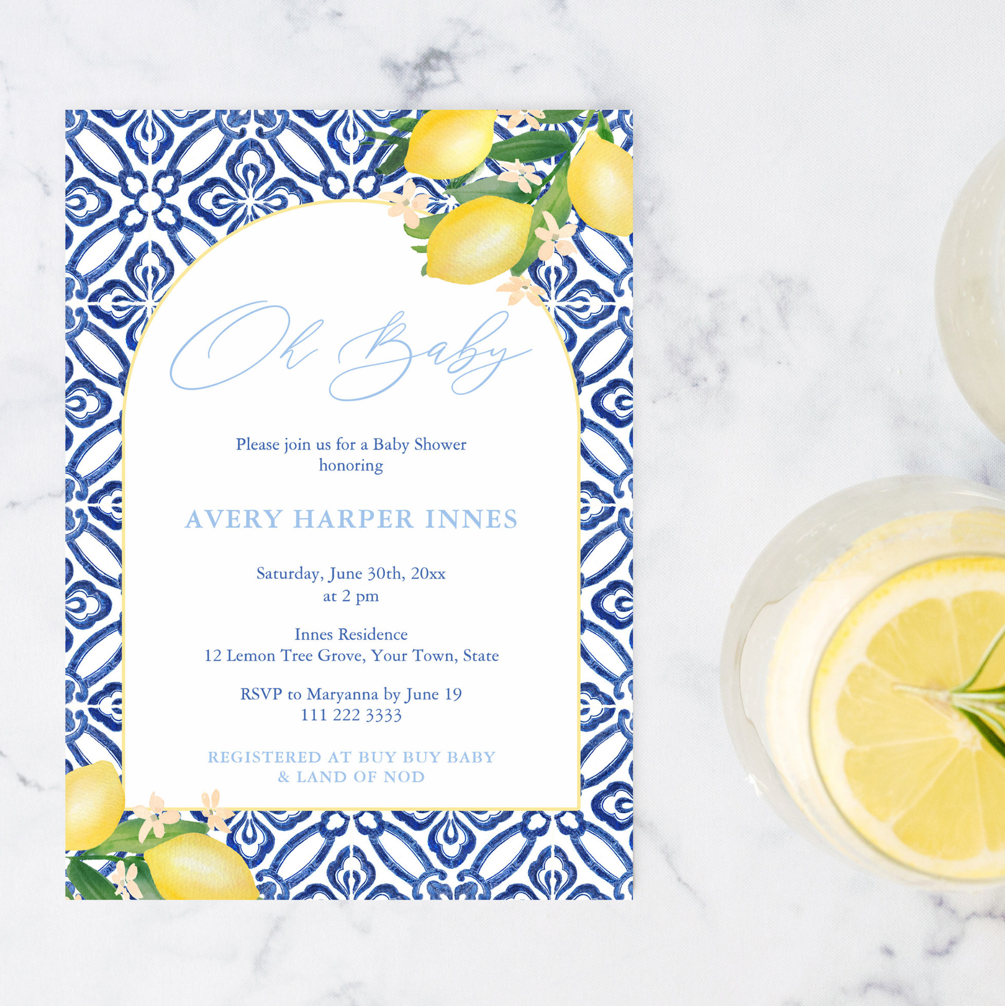 Arch Shape Blue Tiles Lemons Baby Shower For Boy Invitation