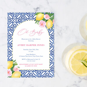 Arch Shape Lemons Blue Tiles Pink Girl Baby Shower Invitation