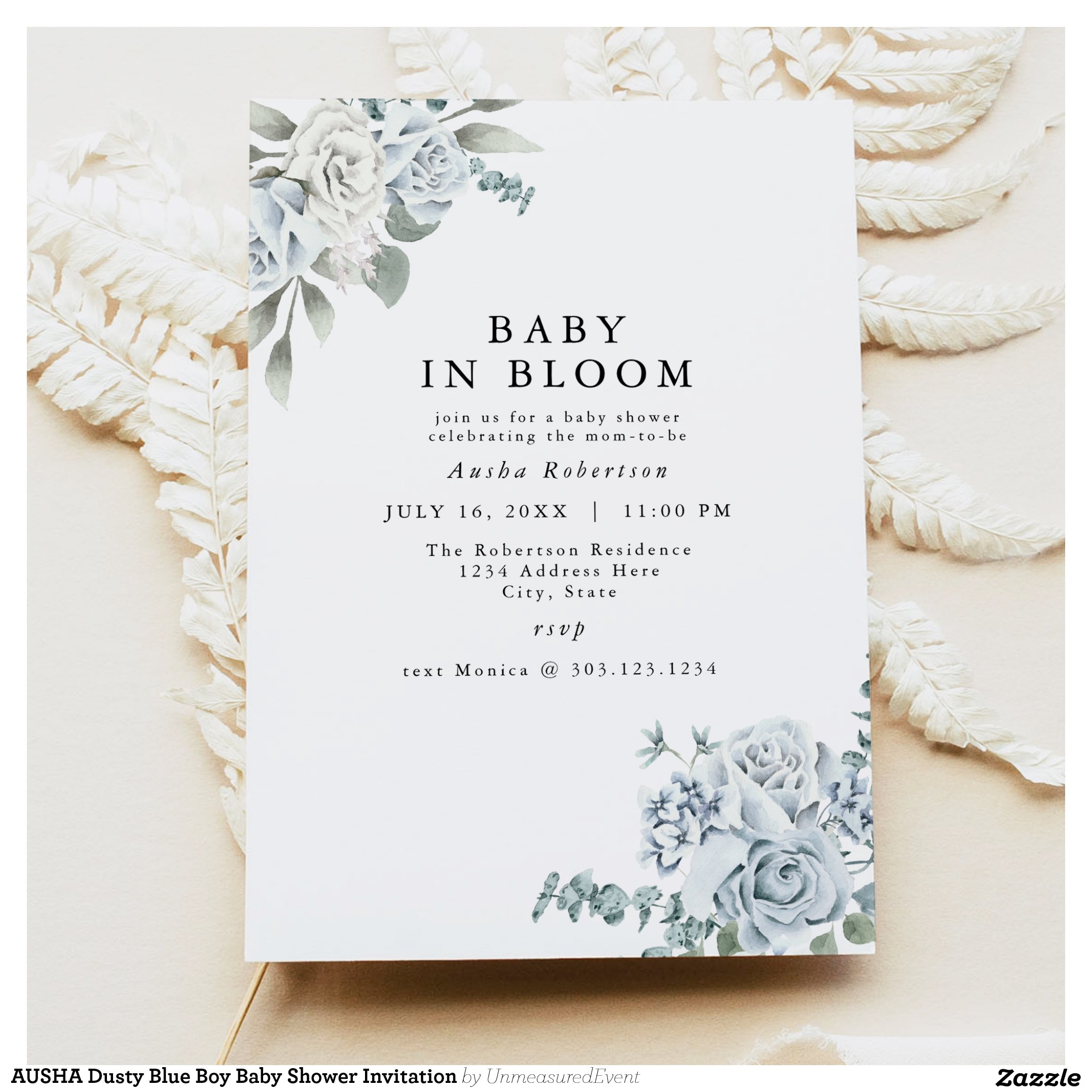 AUSHA Dusty Blue Boy Baby Shower Invitation