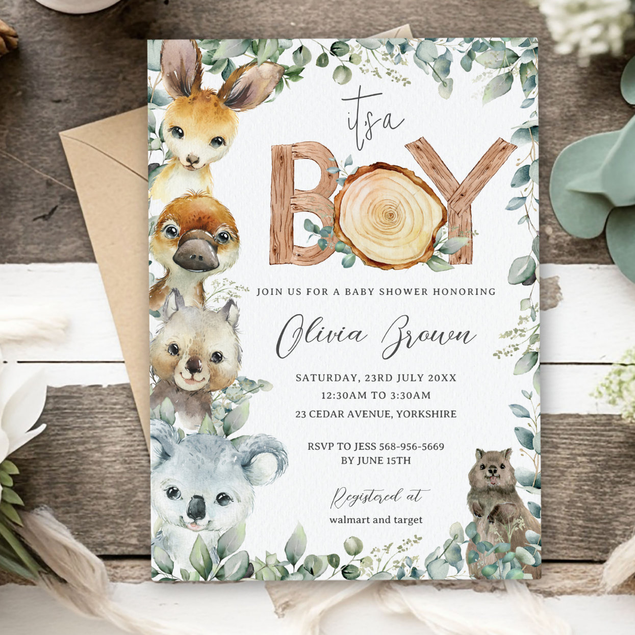 Australian Animals Greenery Wood Boy Baby Shower Invitation