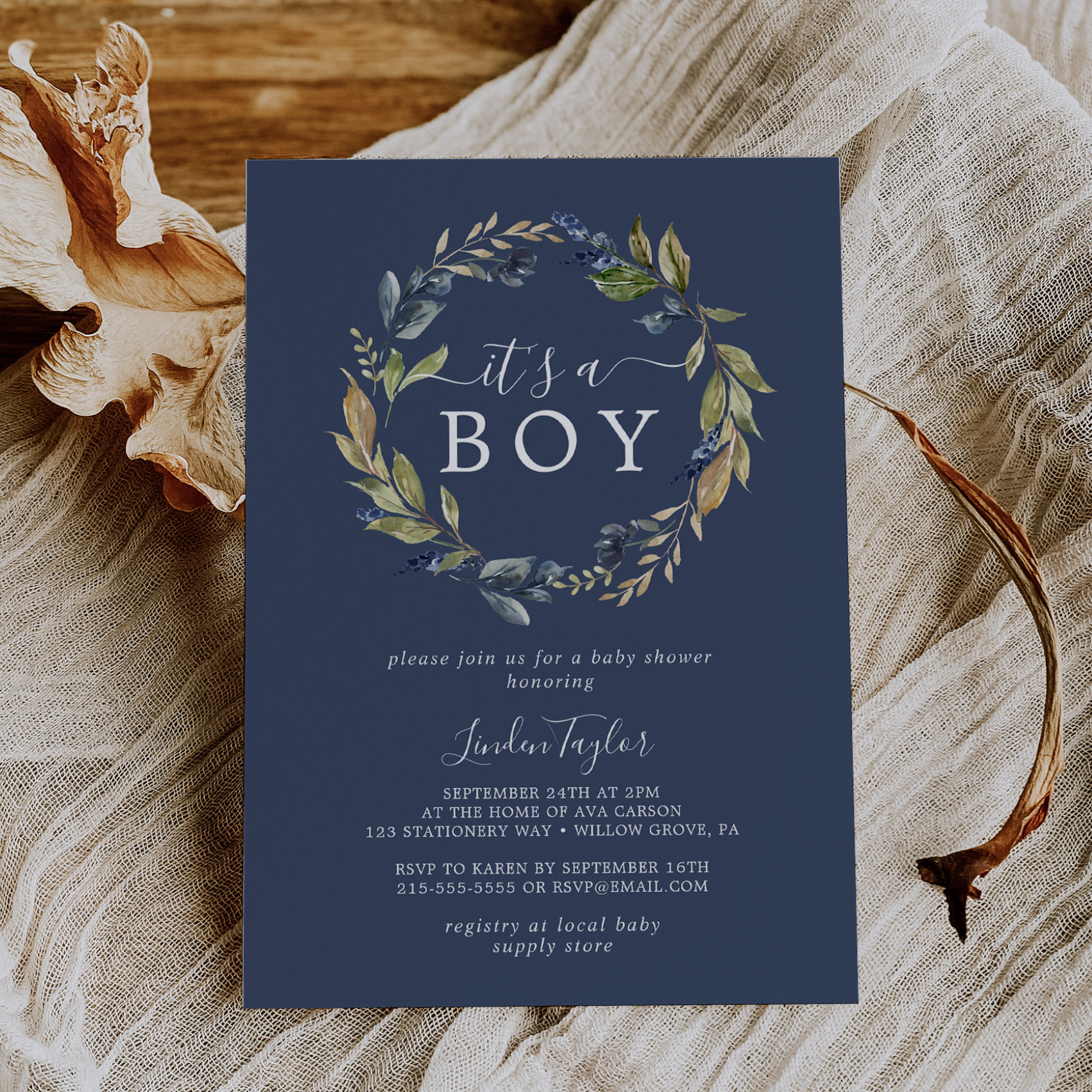 Autumn Greenery Navy It's A Boy Baby Shower Invitation
