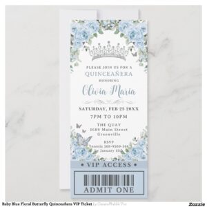 Baby Blue Floral Butterfly Quincea?era VIP Ticket Invitation