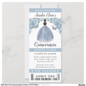 Baby Blue Floral Quincea?era Sweet 16 VIP Ticket Invitation