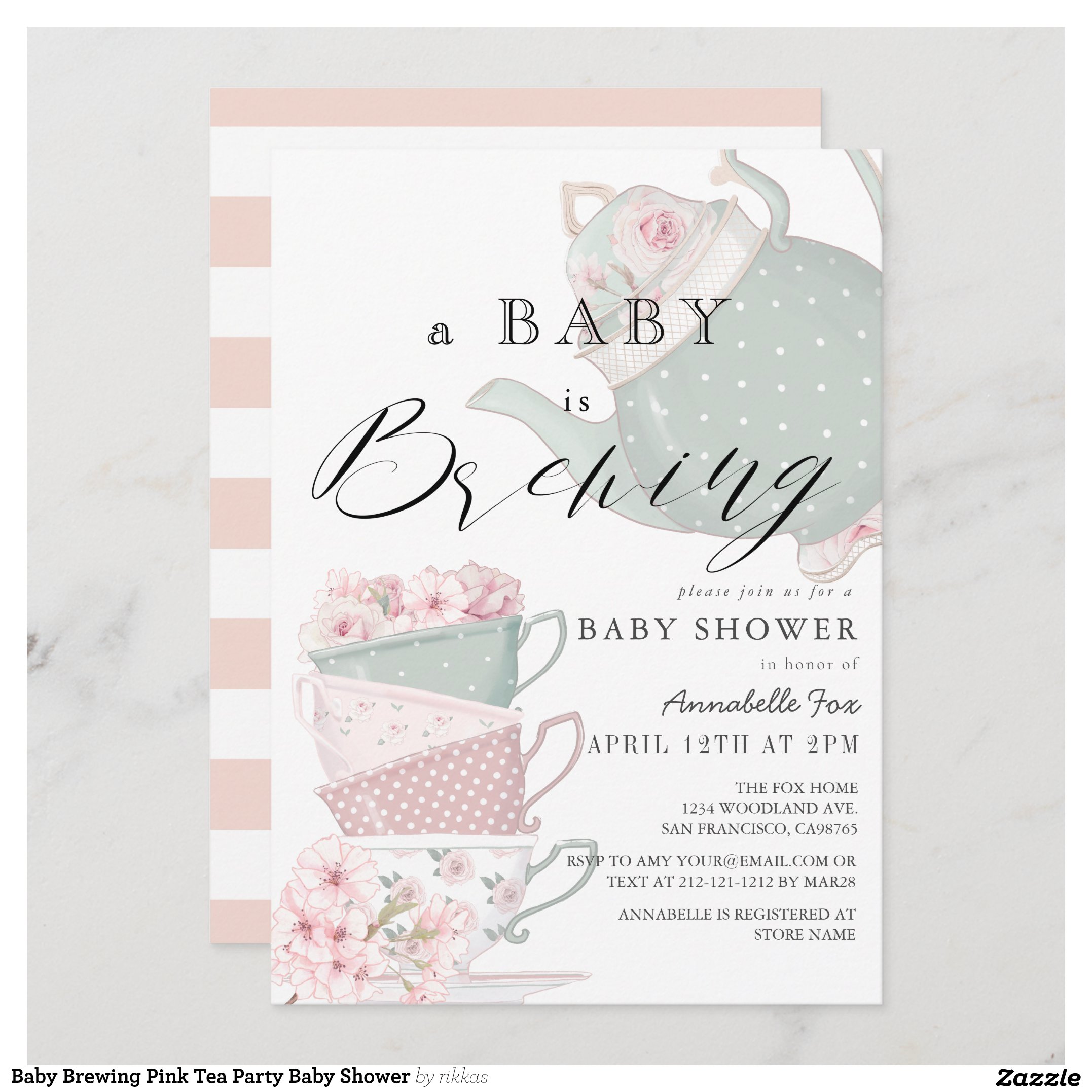 Baby Brewing Pink Tea Party Baby Shower Invitation