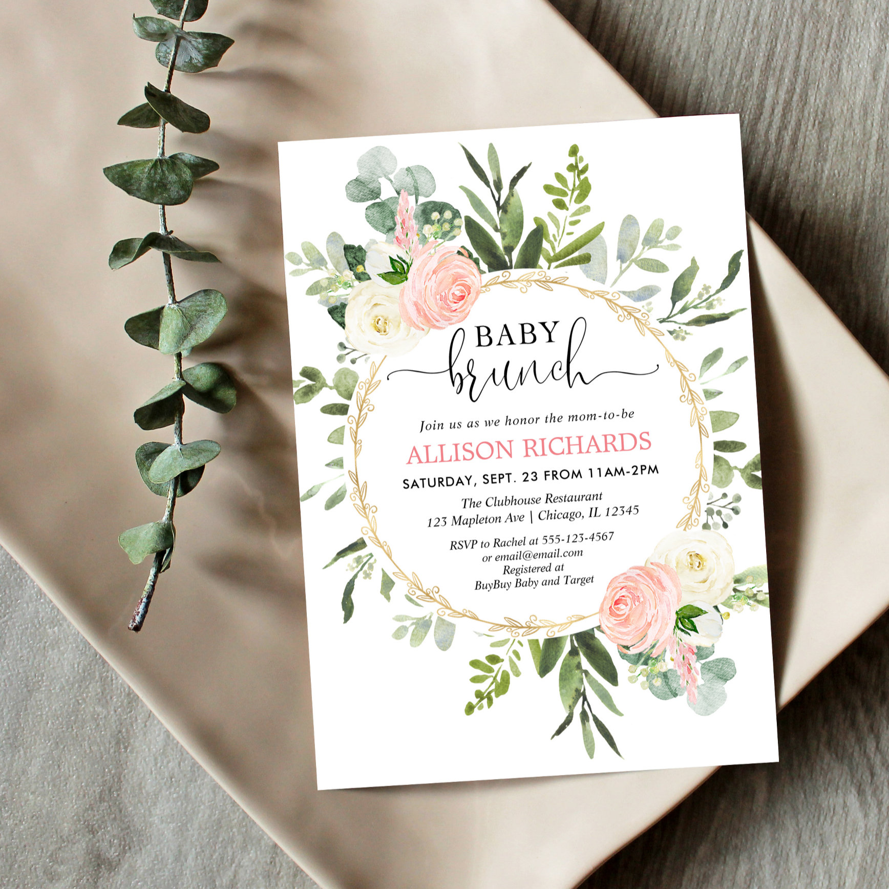Baby brunch pink gold greenery girl baby shower invitation