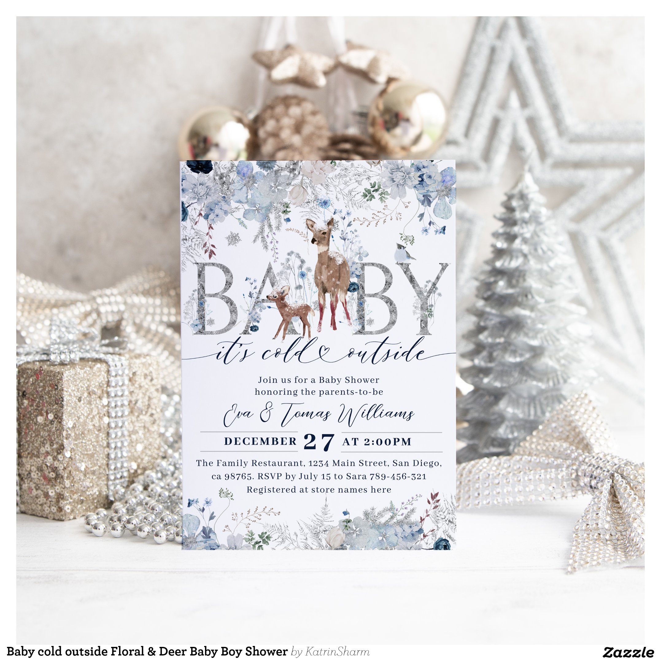 Baby cold outside Floral & Deer Baby Boy Shower Invitation