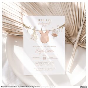 Baby Girl Clothesline Blush Pink Boho Baby Shower Invitation