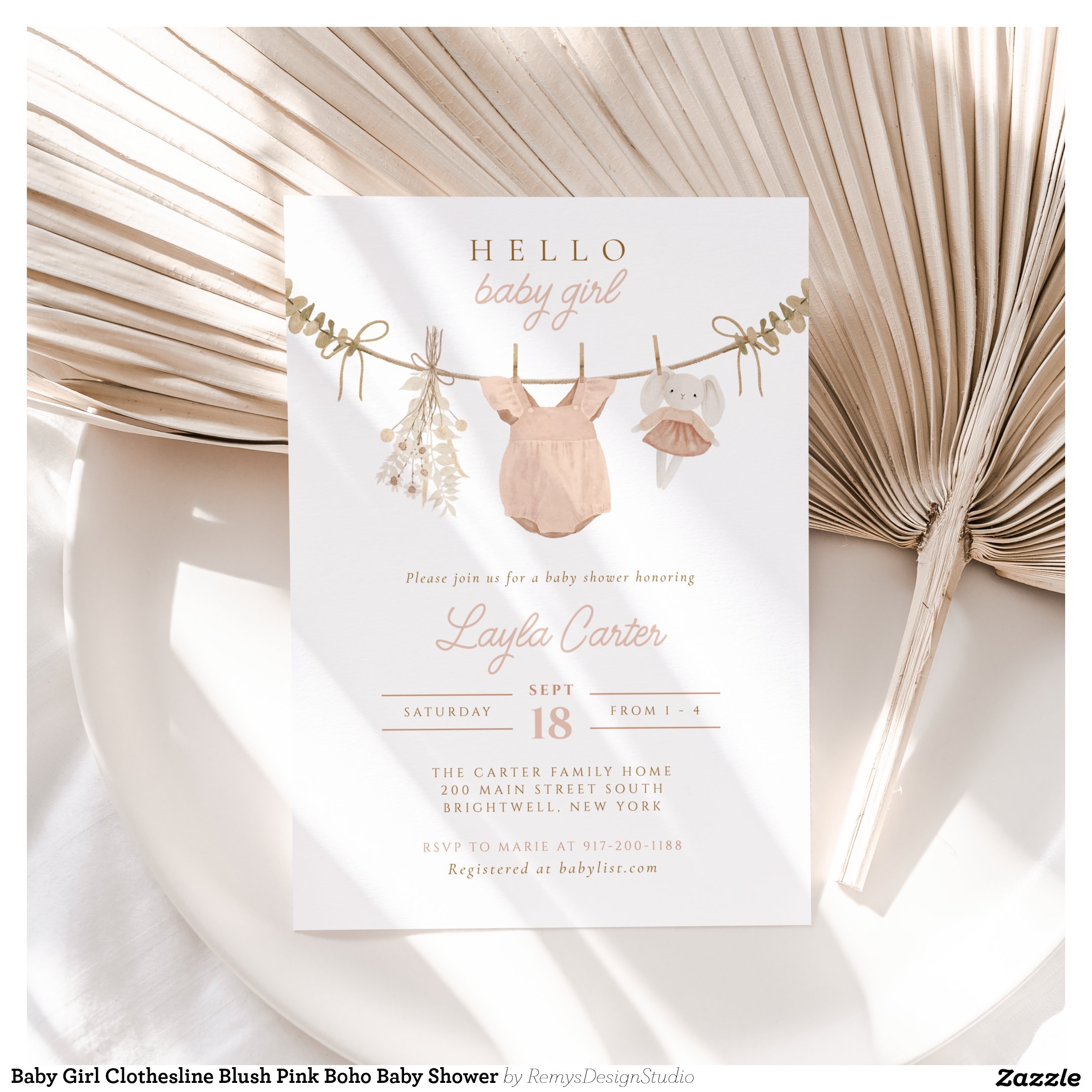 Baby Girl Clothesline Blush Pink Boho Baby Shower Invitation