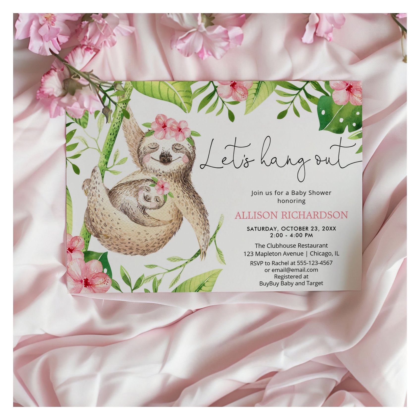 Baby girl sloth pink greenery tropical baby shower invitation