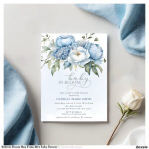 Baby in Bloom Blue Floral Boy Baby Shower Invitation
