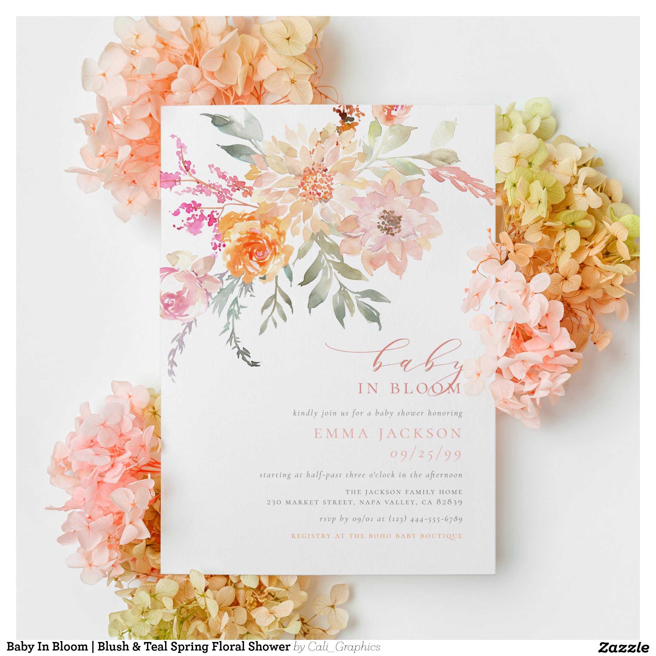 Baby In Bloom Blush & Teal Spring Floral Shower Invitation