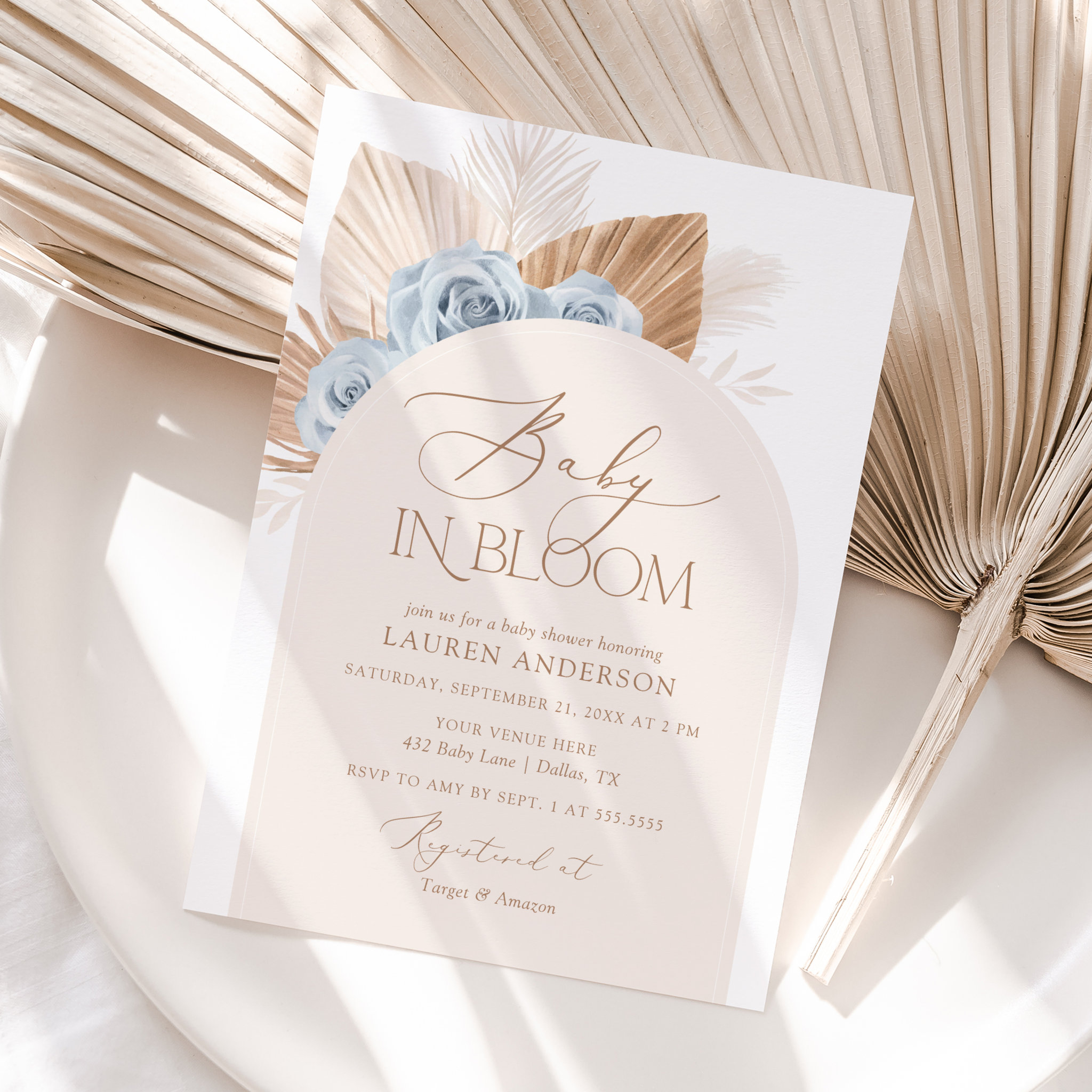 Baby in Bloom Boho Pampas Grass Boy Baby Shower Invitation