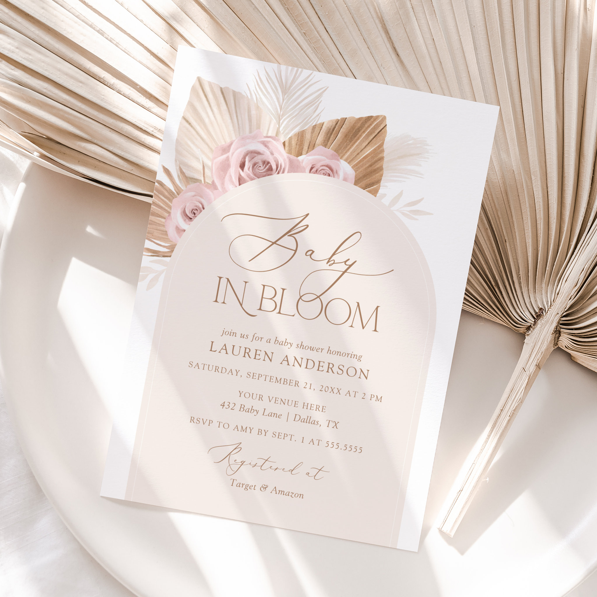 Baby in Bloom Boho Pampas Grass Girl Baby Shower Invitation