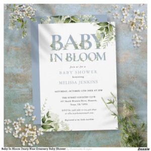 Baby In Bloom Dusty Blue Greenery Baby Shower Invitation