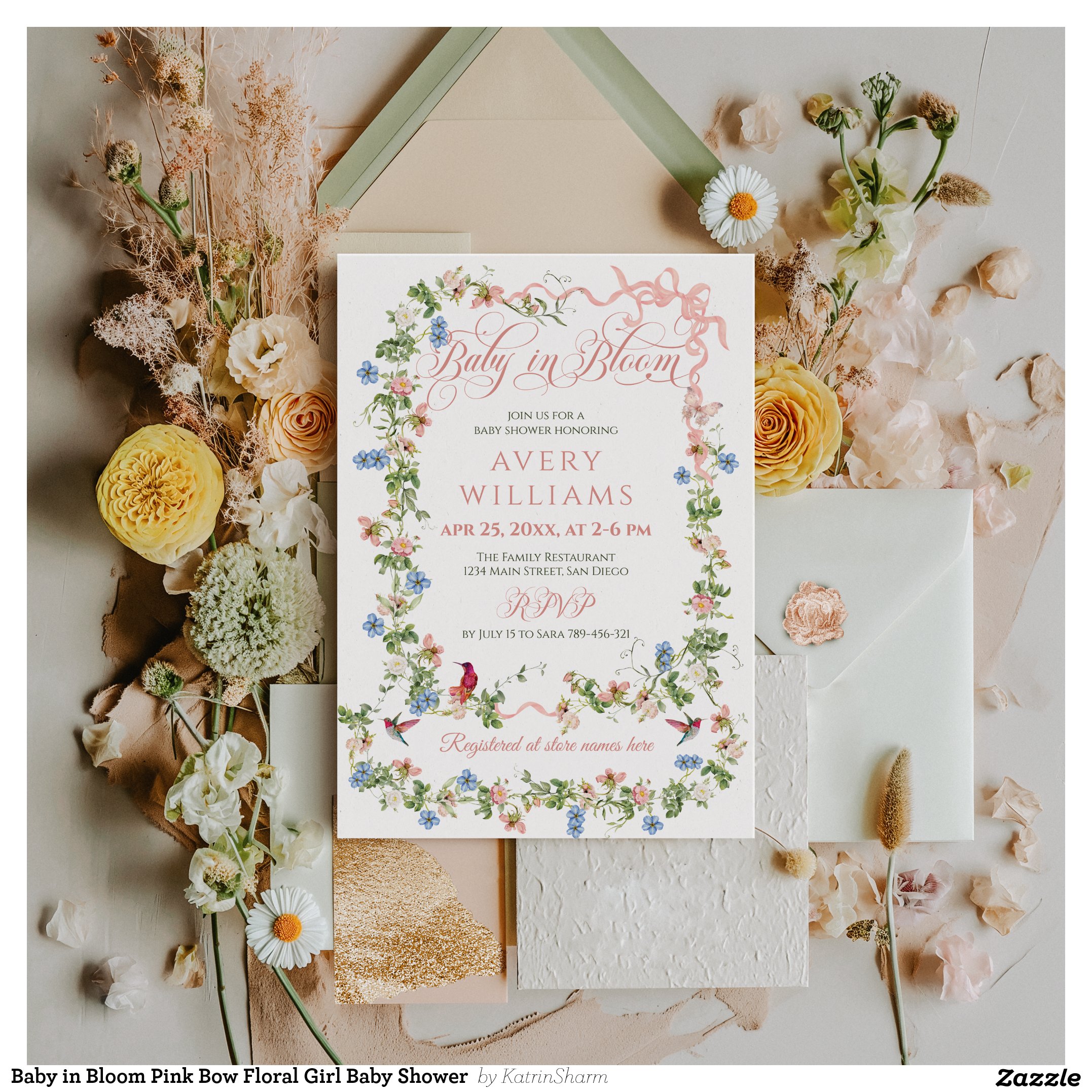 Baby in Bloom Pink Bow Floral Girl Baby Shower Invitation