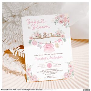 Baby in Bloom Pink Floral Girl Baby Clothes Shower Invitation