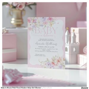 Baby in Bloom Pink Floral Modern Baby Girl Shower Invitation
