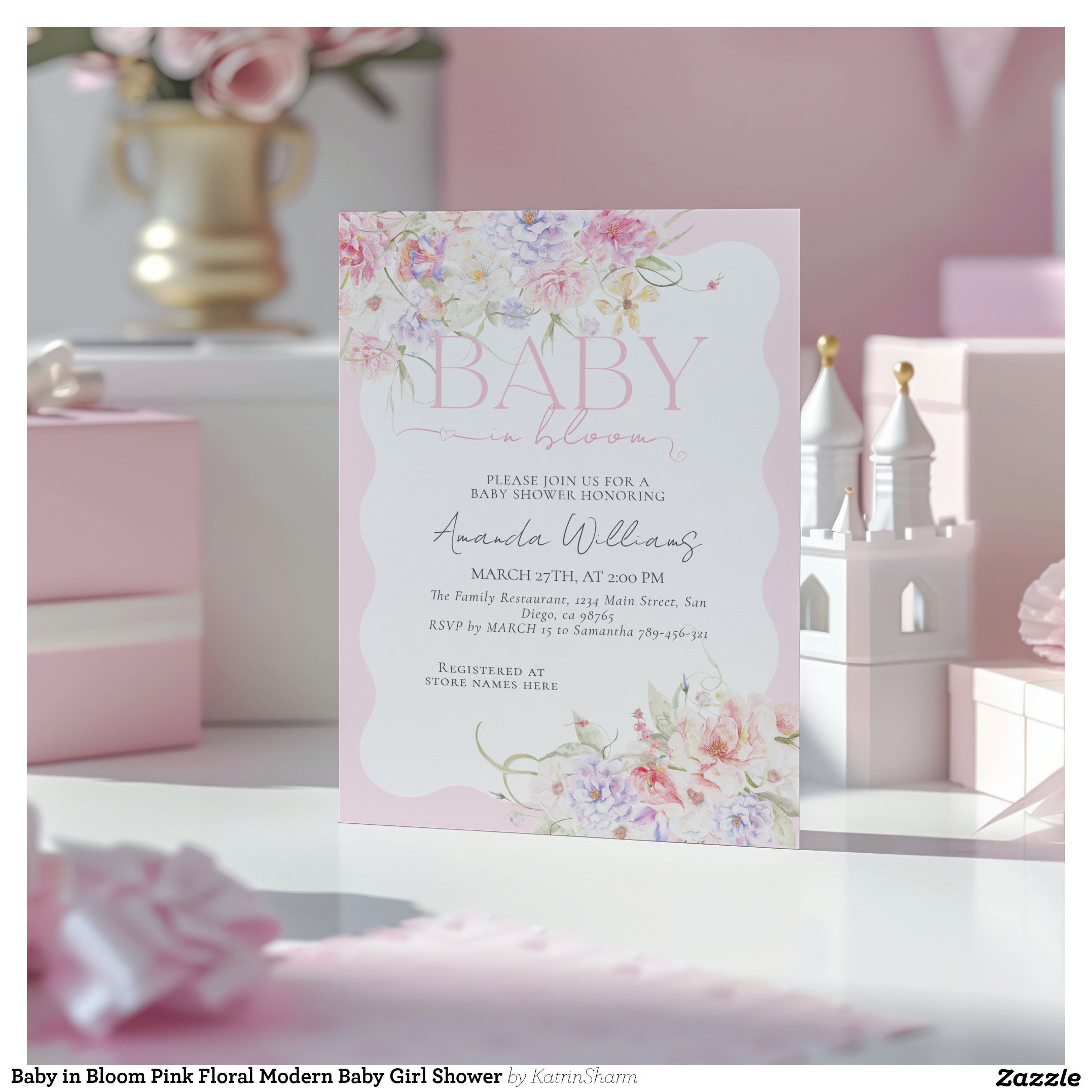 Baby in Bloom Pink Floral Modern Baby Girl Shower Invitation