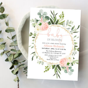 Baby in bloom pink gold greenery girl baby shower invitation