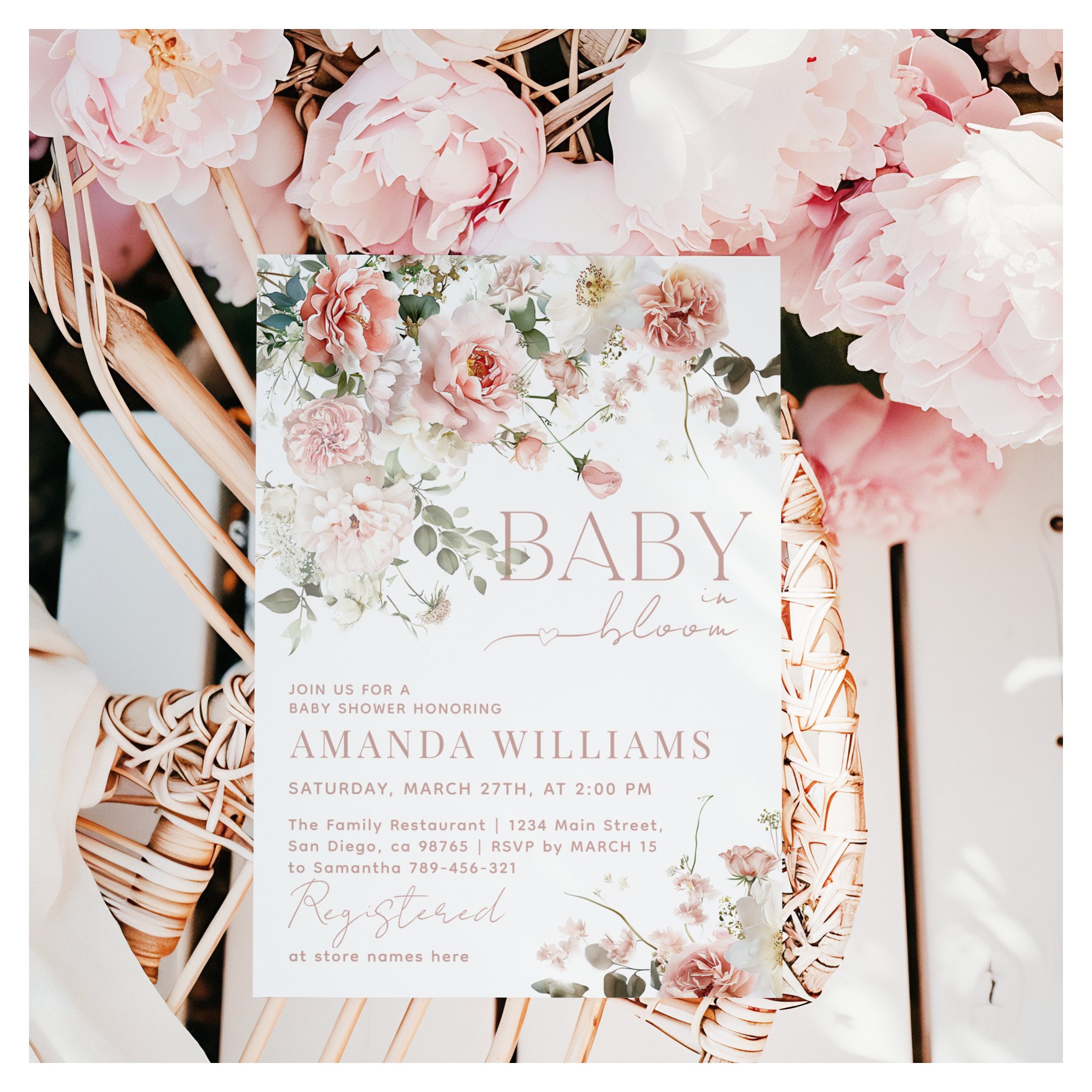 Baby in Bloom Pink Roses Floral Girl Baby Shower Invitation