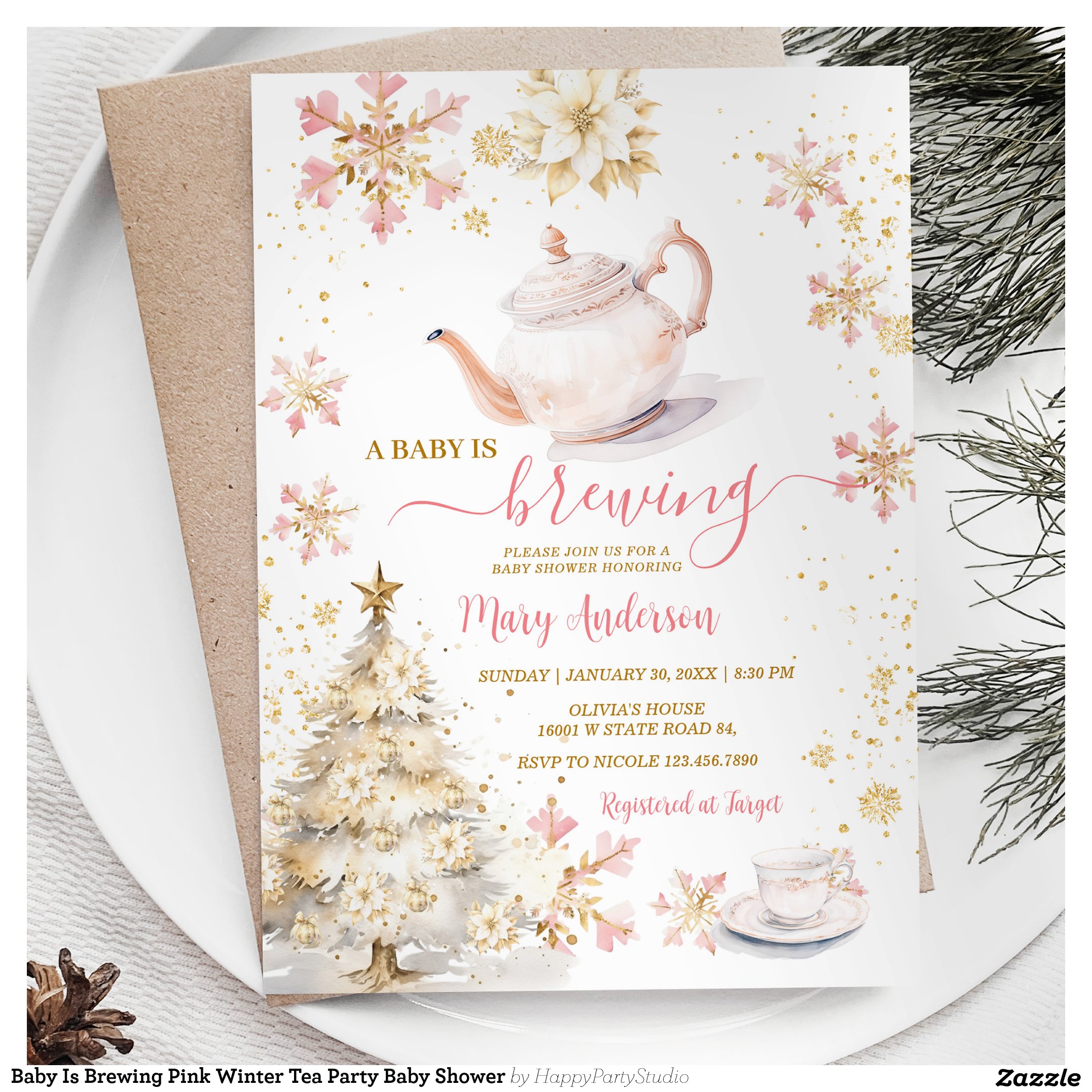 Baby Is Brewing Pink Winter Tea Party Baby Shower Invitation
