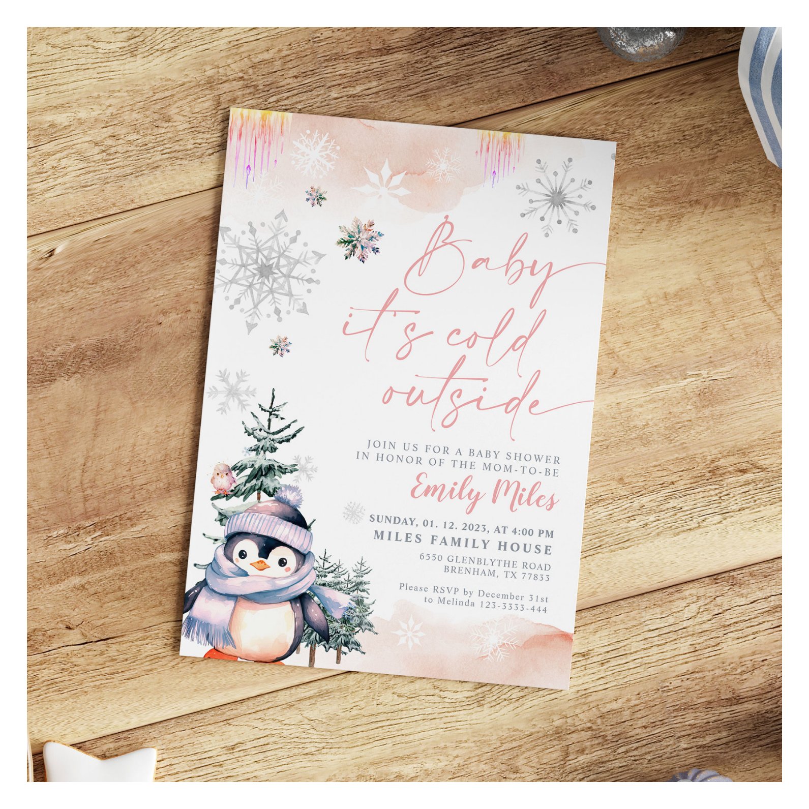 Baby it's cold outside, Baby shower winter Penguin Invitation