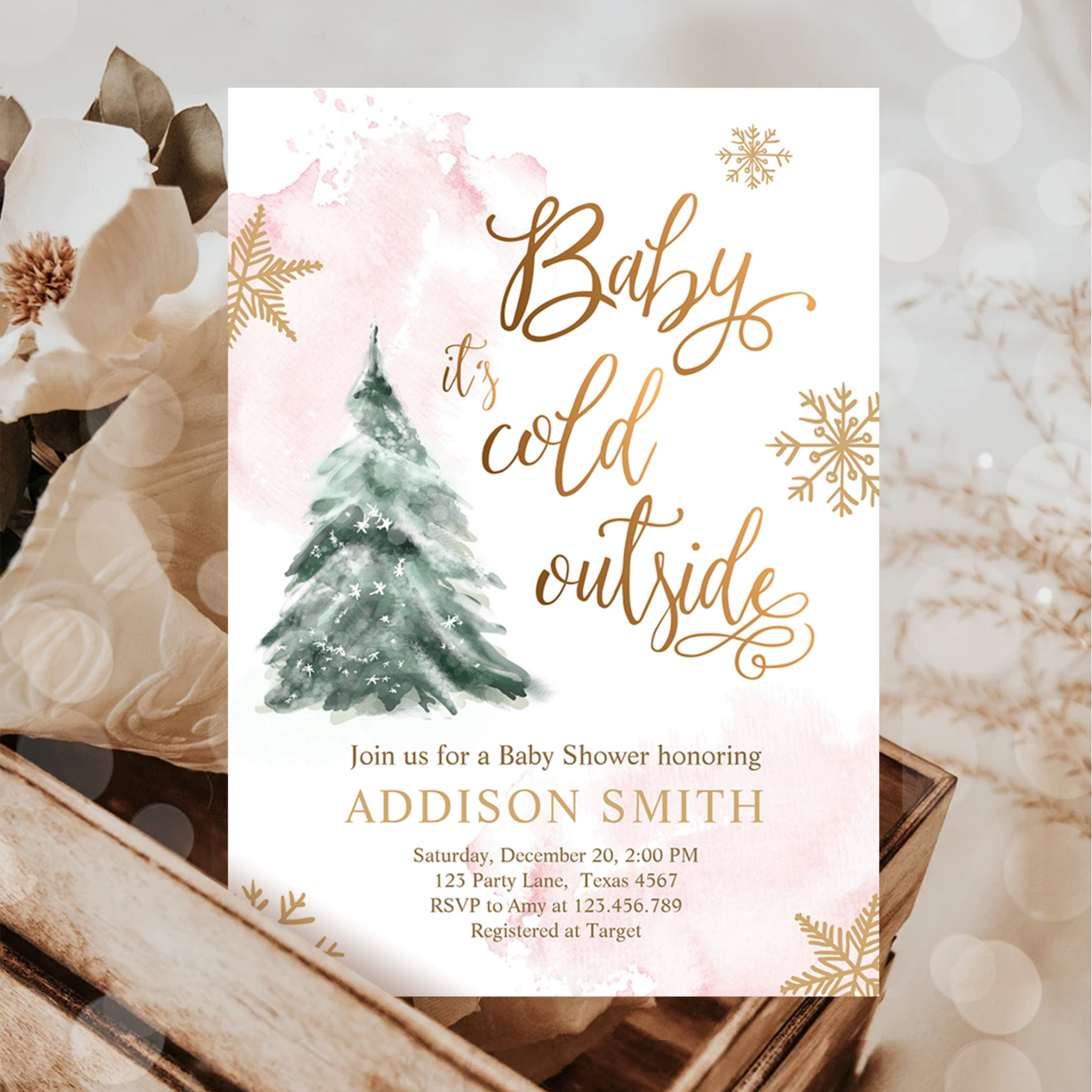 Baby It's Cold Outside Shower Winter Tree Girl Invitation