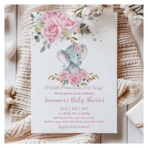 Baby Pink Floral Cute Elephant Girl Baby Shower Invitation